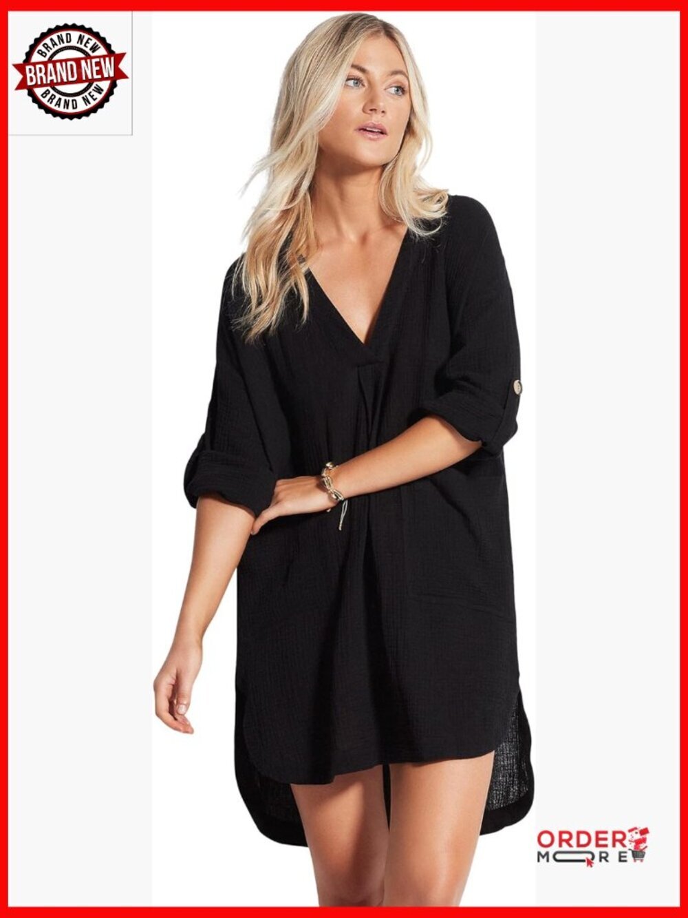 V Neck Cover Up Dress with Roll Sleeves & Pockets
